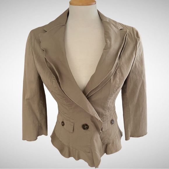 Vintage MarcCain Khaki Cotton-Blend Ruffle Blazer N2 - Picture 5 of 14